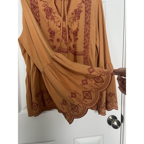 Womens Large Orange Red Embroidery Flare Sleeve Blouse Top Boho Festival Peasant - Picture 3 of 13